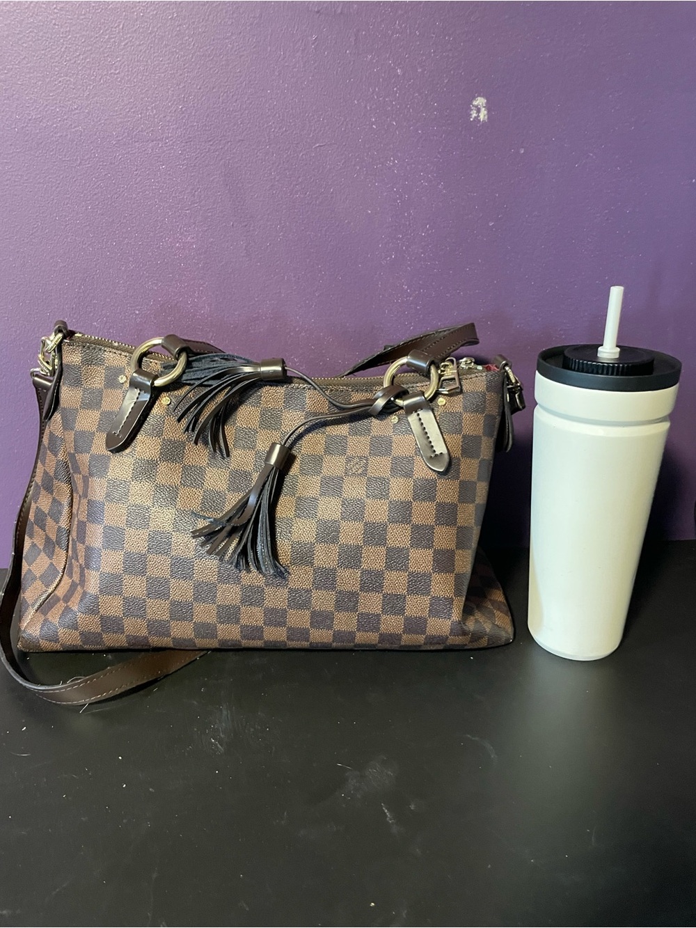 Brown Checkered Tassel Shoulder Bag